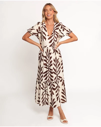 Petal & Pup - Steele Puff Sleeve Midi Dress - Brown Palm