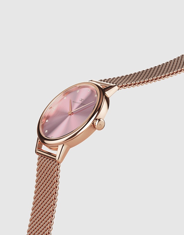 August Berg - Serenity Petite Rose Gold Blossom Pink Mesh 28mm