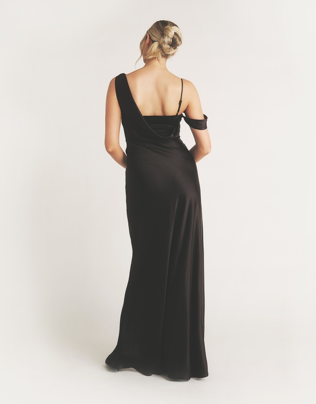 Six Stories - Asymmetrical Bardot Strap Satin Bridesmaid Dress