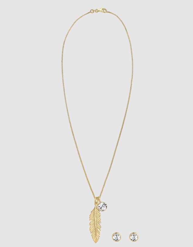 Elli Jewelry - Jewelry Set Crystal Feather 925 Sterling Silver Gold-Plated