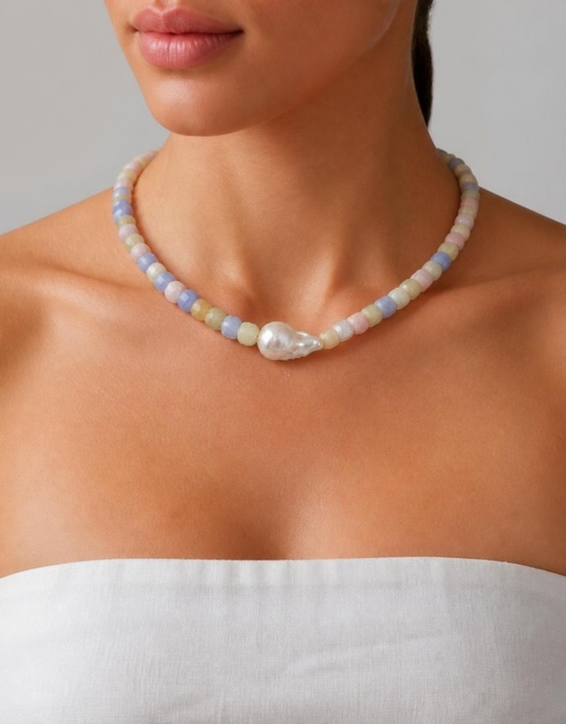 Izoa - Marguerite Baroque Pearl Gemstone Necklace Pastel