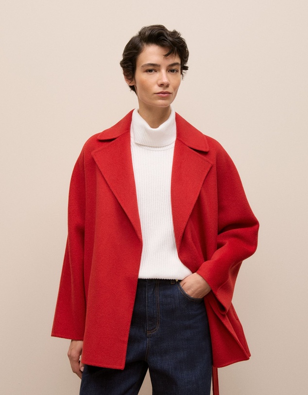 Trenery - Double Faced Wool Short Wrap Coat in Fire Red