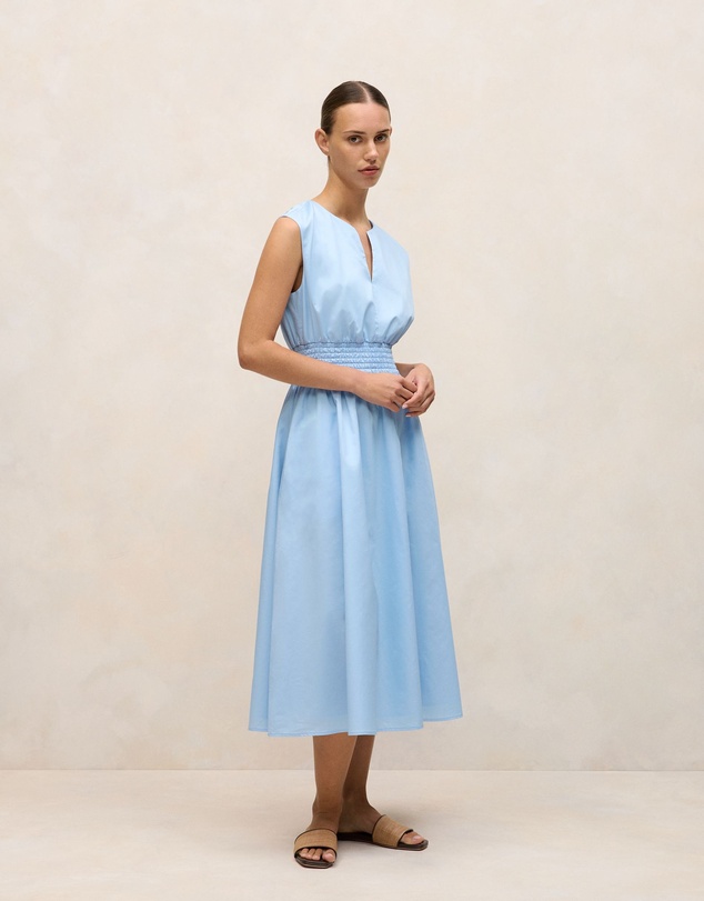 Trenery - Cotton Sateen Shirred Waist Dress in Blue Marble
