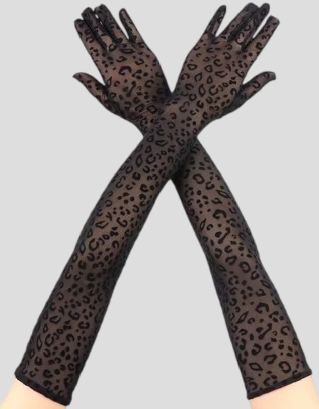 High Heel Jungle - Queen Leopard Print Sheer Mesh 55cm Opera Length Glove