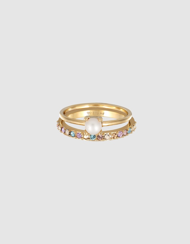 Elli Jewelry - Ring Set with Pearls and Multicolor Crystals 925 Sterling Silver Gold-plated