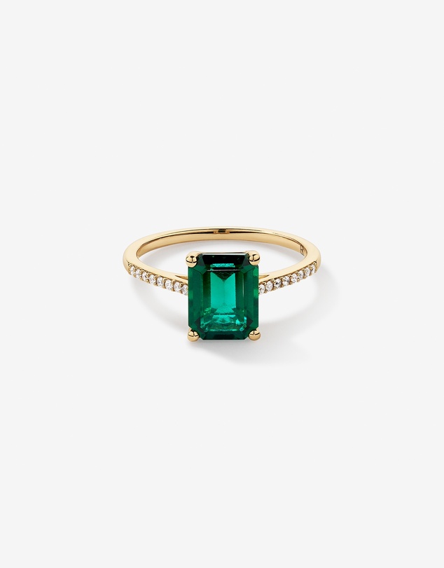 Michael Hill - Emerald Cut Green Created Emerald Gemstone and Diamond Ring in 10kt Yellow Gold