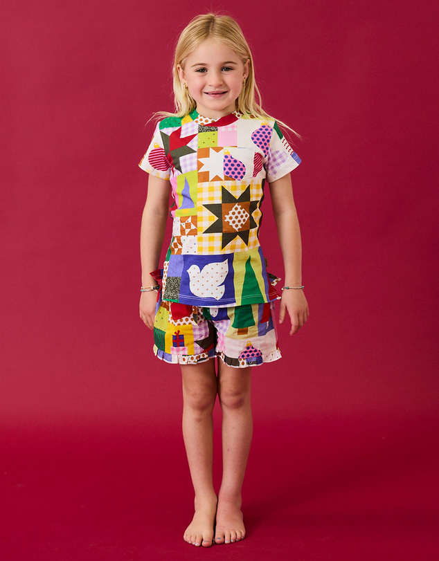 Kip&Co - Christmas Patchwork Organic Cotton Short Sleeve Tee and Frill Shorts Pyjama Set - Babies-Teens