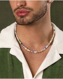 Nialaya Jewellery - Men's Pearl Necklace with Hand-Painted Glass Beads