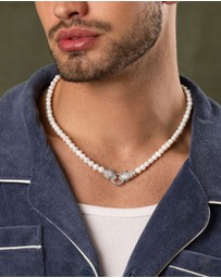 Nialaya Jewellery - Pearl Choker with Double Panther Head in Silver