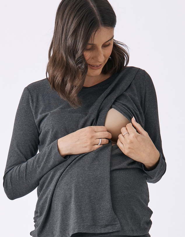 Angel Maternity - Monique Long Sleeve Nursing Petal Top - Charcoal
