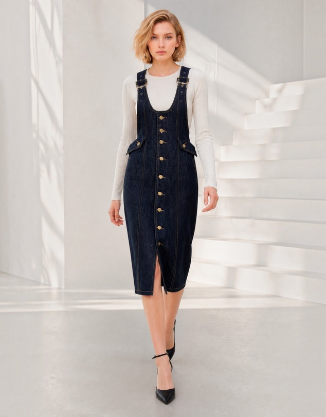 Mossée - Dahlia Denim Button-Front Strap Dress
