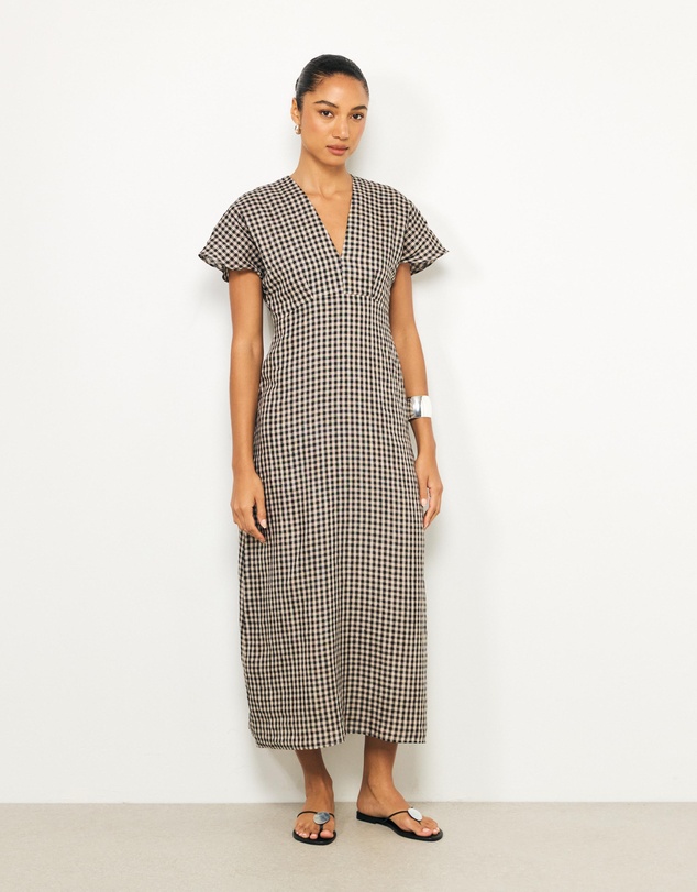 AERE - Ciela Gingham V Neck Linen Midi Dress