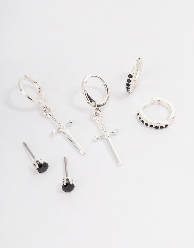 Lovisa - Silver Plated Brass  Cubic Zirconia Dagger Huggie Earrings Pack