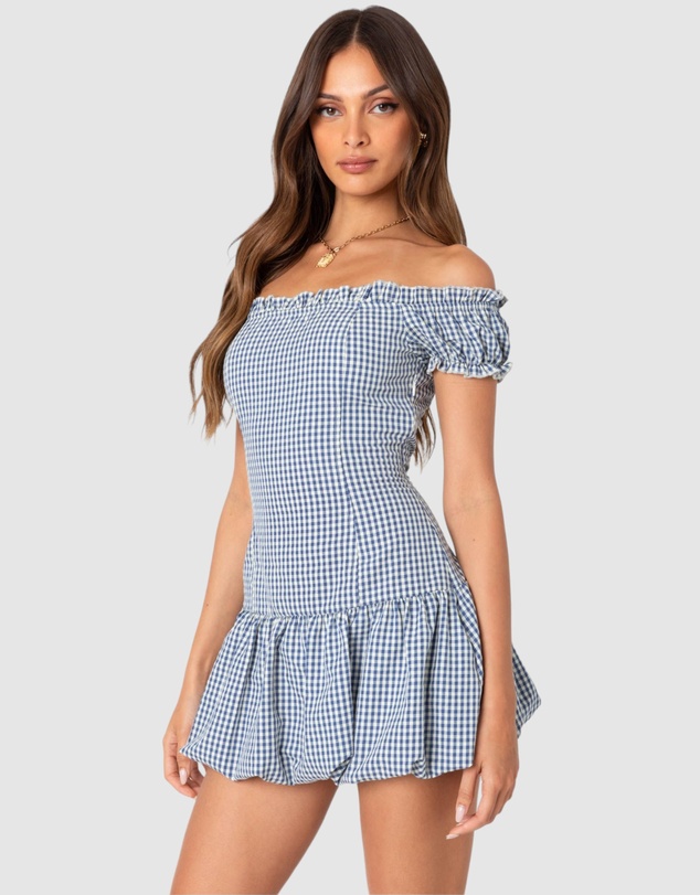 EDIKTED - Gingham Off Shoulder Bubble Mini Dress