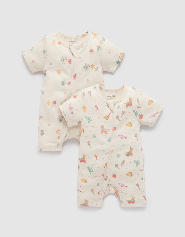 Purebaby - 2 Pack Short Sleeve Printed Growsuit -Babies
