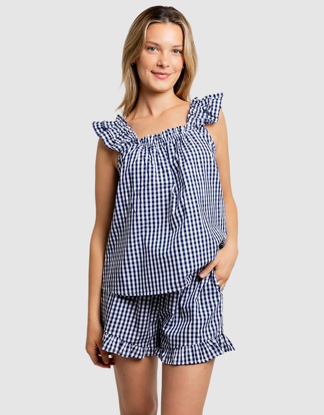 Sant And Abel - Women's Hepburn Gingham Navy Frill Tank PJ Set