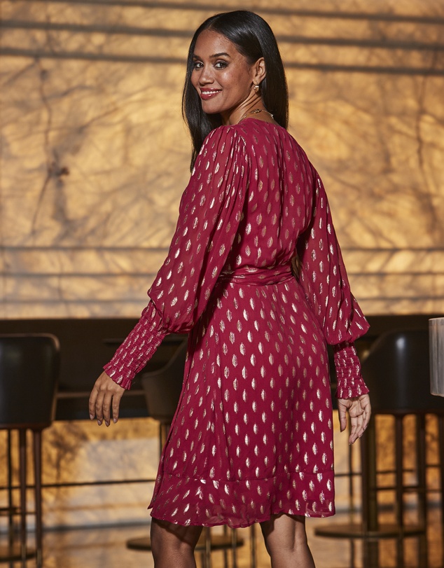 Sosandar - Metallic Spot Print Belted Wrap Dress