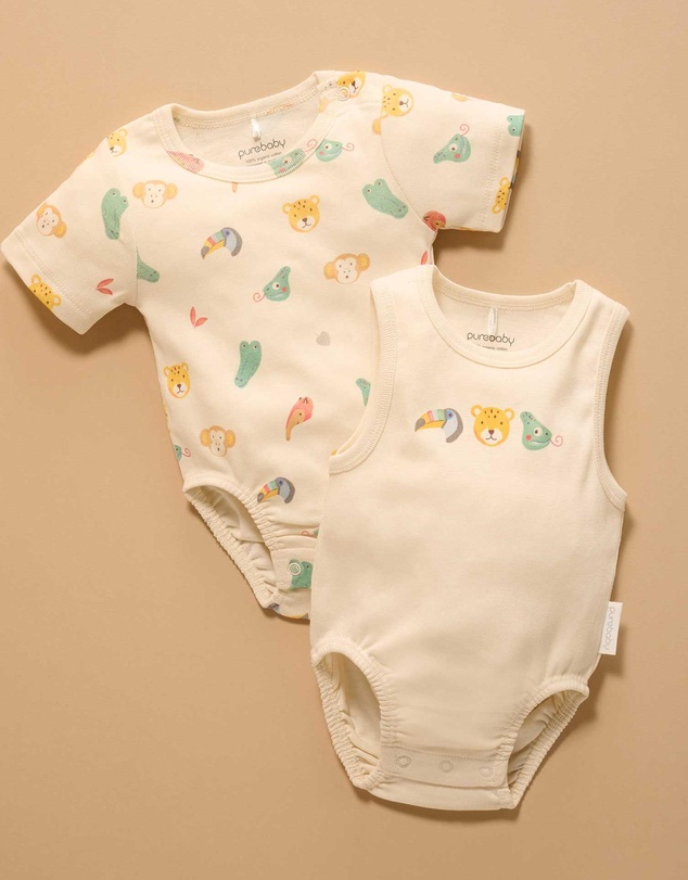 Purebaby - 2 Pack Short Sleeve Ribbed Bodysuit -Babies