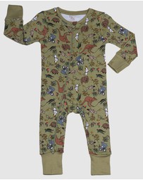 B Free Intimate Apparel - 100% Organic 2-Way Zip Sleepsuit - Baby & Toddler Khaki Native Aussie Animals