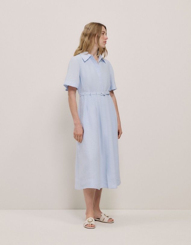 Trenery - Linen Belted Short Sleeve Shirt Dress in Ice Blue