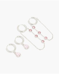 Lovisa - Waterproof Stainless Steel Pink Cubic Zirconia Chain Droplet & Classic Huggie Earrings 2-Pack