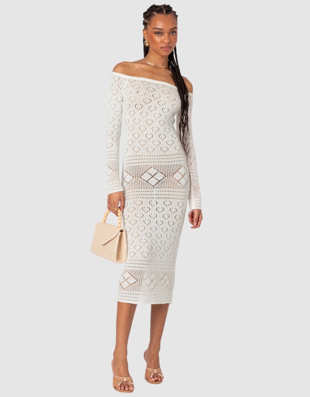 EDIKTED - Lily Crochet Off Shoulder Midi Dress