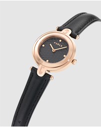 Furla - Arch-Bar Rose Gold-Tone Black Leather Strap Watch