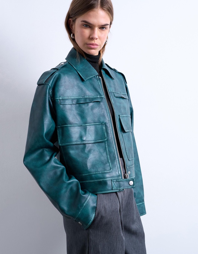 TOPSHOP - Faux Leather Heavy Washed Zip Through Jacket