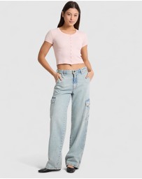GUESS Jeans - GUESS JEANS Short Sleeve Snap Embroidered Slim Top