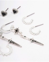 Lovisa - Silver Mixed Heart & Rose Earring 5-Pack