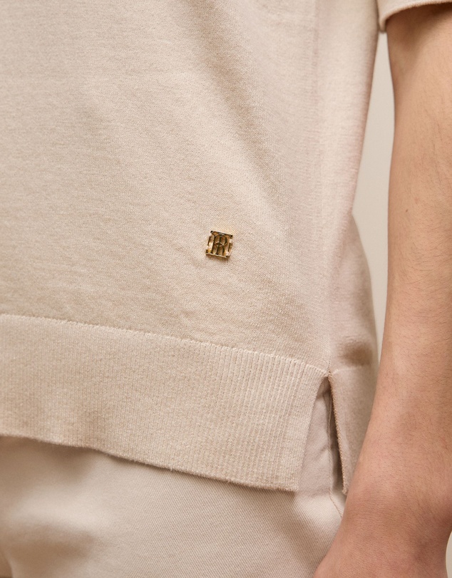 Trenery - Cotton Cashmere Half Sleeve Polo in Camel