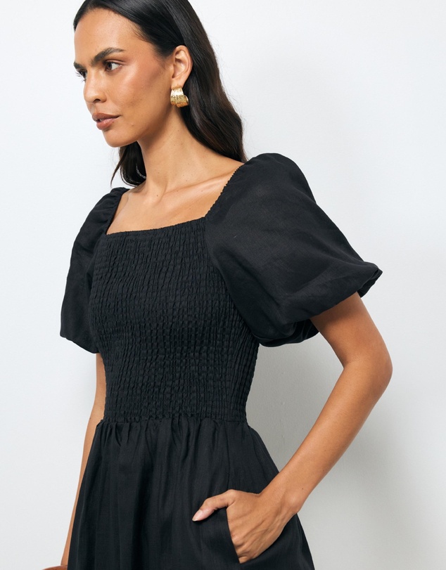 Revibe - Repaired AERE Olana Shirred Linen Midi Dress - AU 18