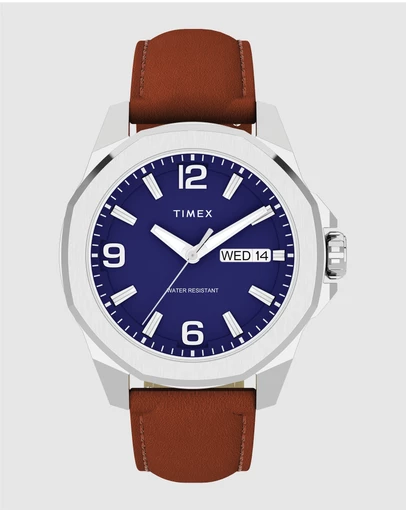 TIMEX - Essex Day & Date 46mm Leather Strap Watch