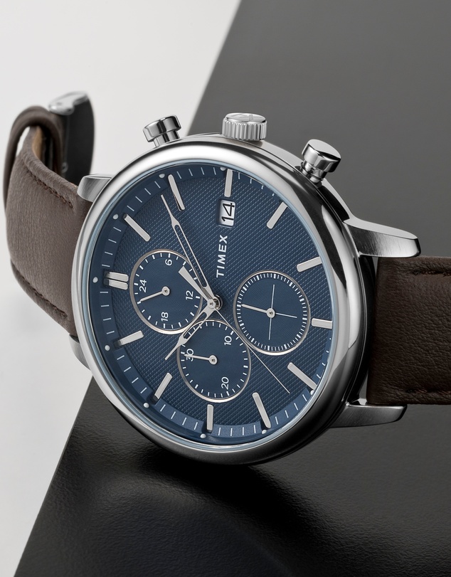 TIMEX - Chicago Chrono 45mm Silver Tone Blue Dial Brown Leather Strap