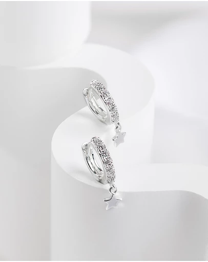 Wanderlust + Co - Falling Star Pave Silver 7mm Baby Huggie Earrings