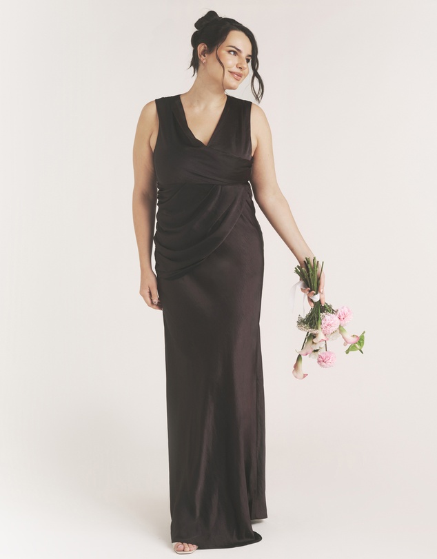 Six Stories - Plunge Drape Detail Satin Bridesmaid Dress