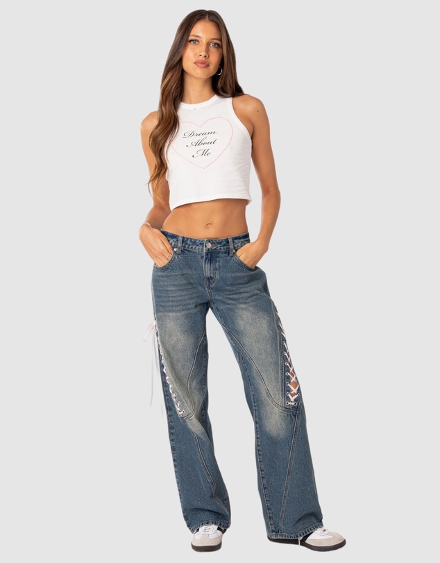 EDIKTED - Low Rise Ribbon Lace Up Jeans