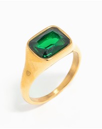 Lovisa - Waterproof Gold Plated Stainless Steel Opulent Green Cubic Zirconia Signet Ring