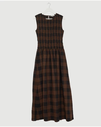 Revibe - Repaired AERE Inka Linen Gingham Shirred Maxi Dress - AU 14
