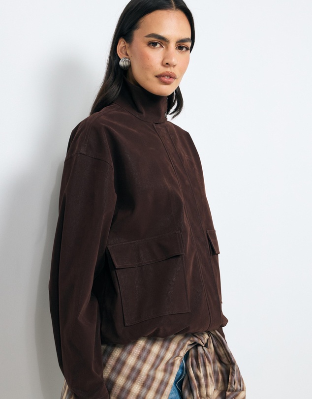 AERE - Ines Suede Look Funnel Neck Jacket