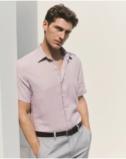 Trenery - Regular Fit Delave Linen Short Sleeve Shirt in Faded Violet