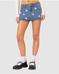 EDIKTED - Alivia Satin Bow Denim Micro Skort