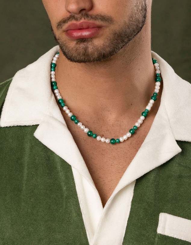 Nialaya Jewellery - Pearl Choker With Green Aventurine and Malachite
