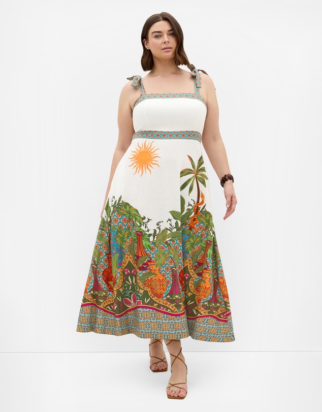 City Chic - Plus size Paradise Print Shoulder Tie Midi Dress - ivory
