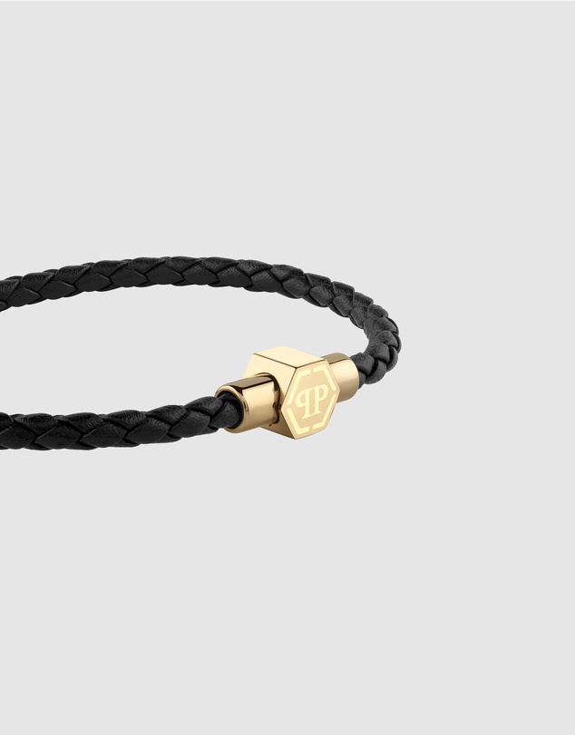 Philipp Plein - PLEIN ENIGMA IP Yellow Gold Hexagon Magnetic Black Leather Bracelet