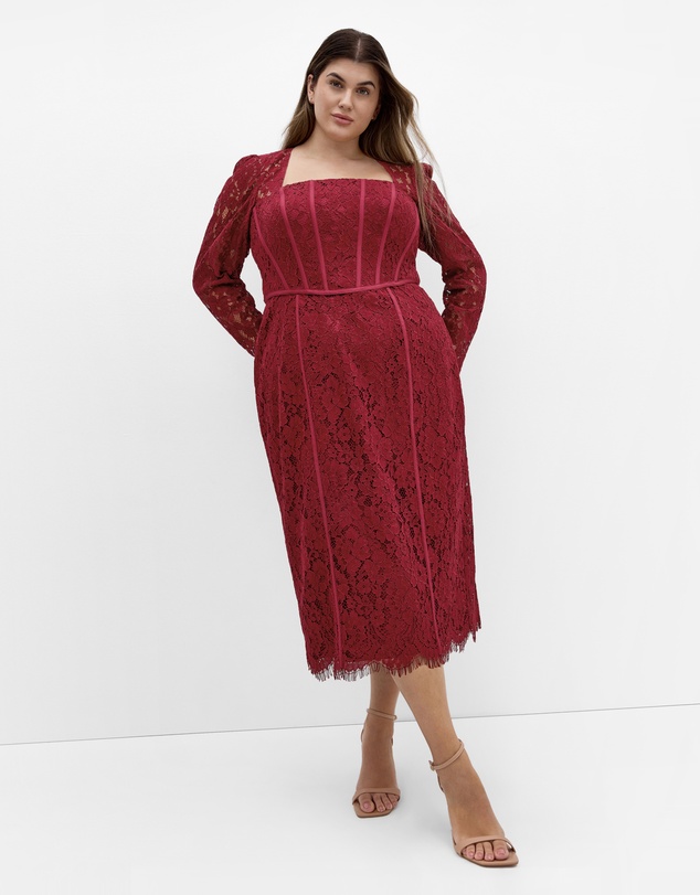 City Chic - Plus size Valentine Corset Lace Midi Dress - ruby