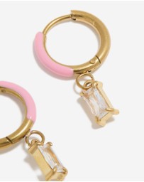 Lovisa - Waterproof Gold Plated Stainless Steel Pink Enamel Cubic Zirconia Charm Huggie Earrings