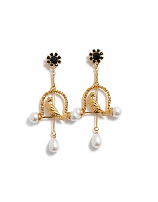 Mossée - Delphine Gold Bird & Pearl Drop Earrings