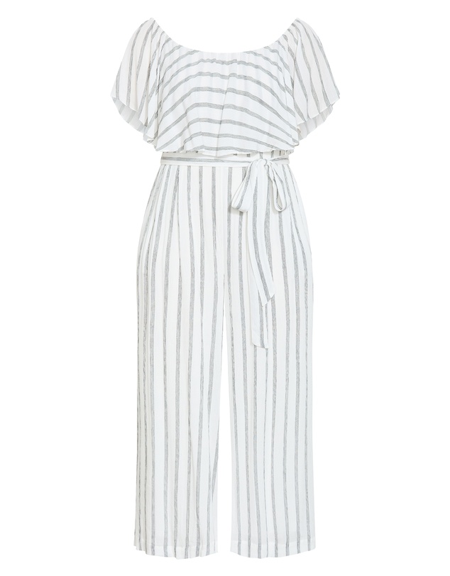 City Chic - Plus size Emery Off Shoulder Stripe Jumpsuit - ivory