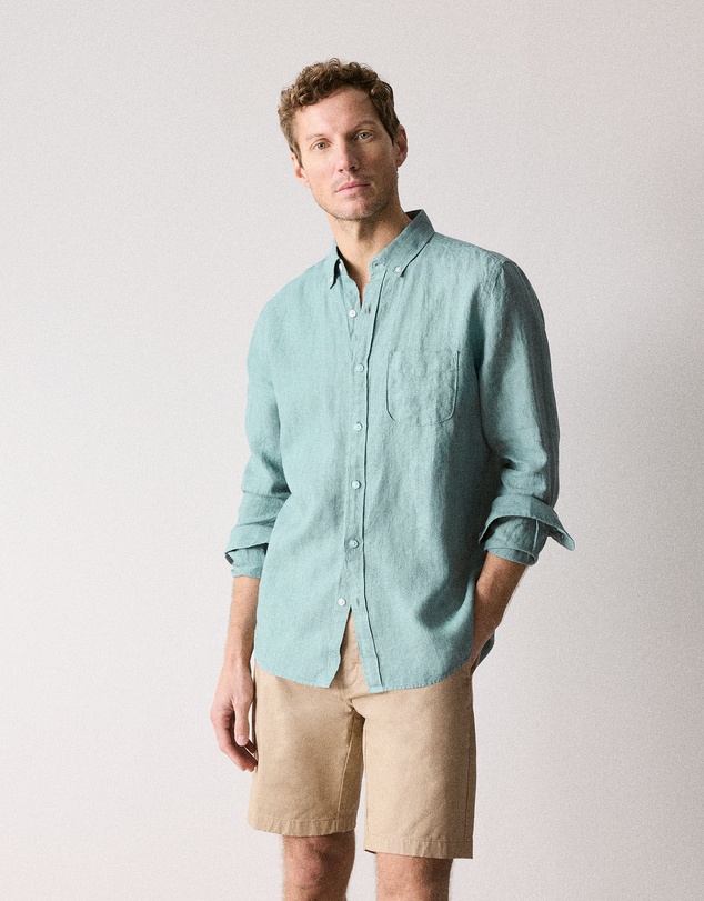 Trenery - Regular Fit Delave Linen Long Sleeve Shirt in Jade